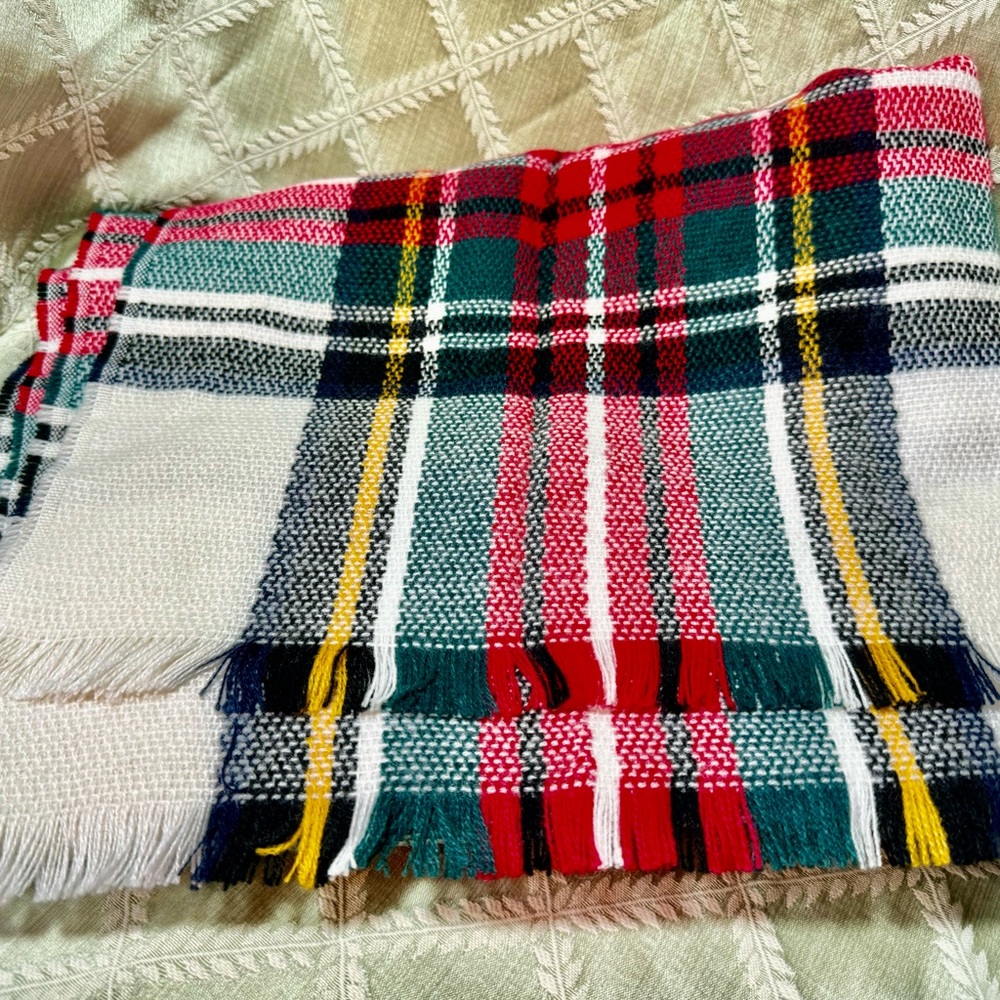 Red, Black, Yellow, White Plaid Long Oblong Blanket Scarf